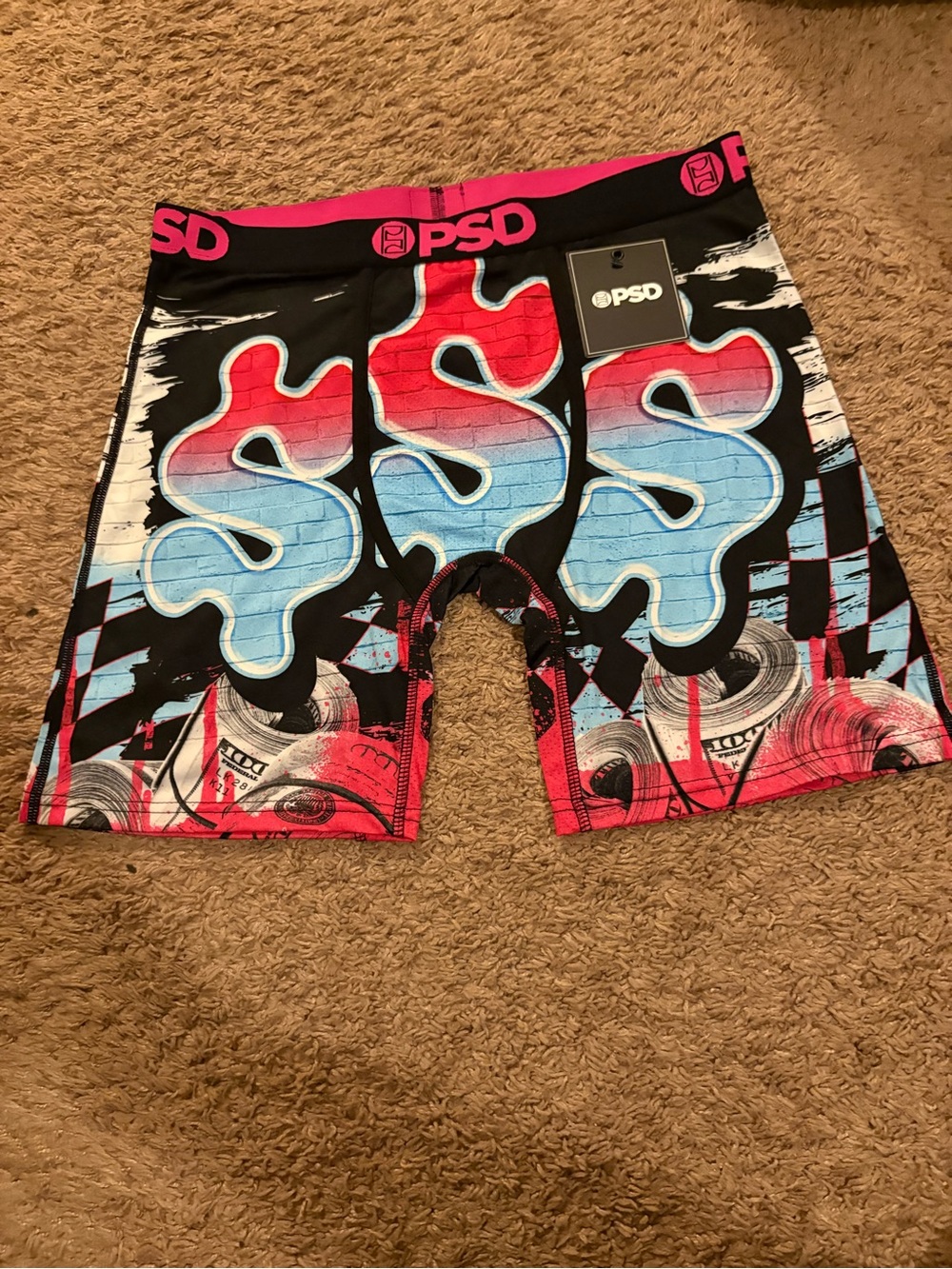 PSD Men’s Black/Pink/Blue Graphic Dollar Sign Boxer Briefs
